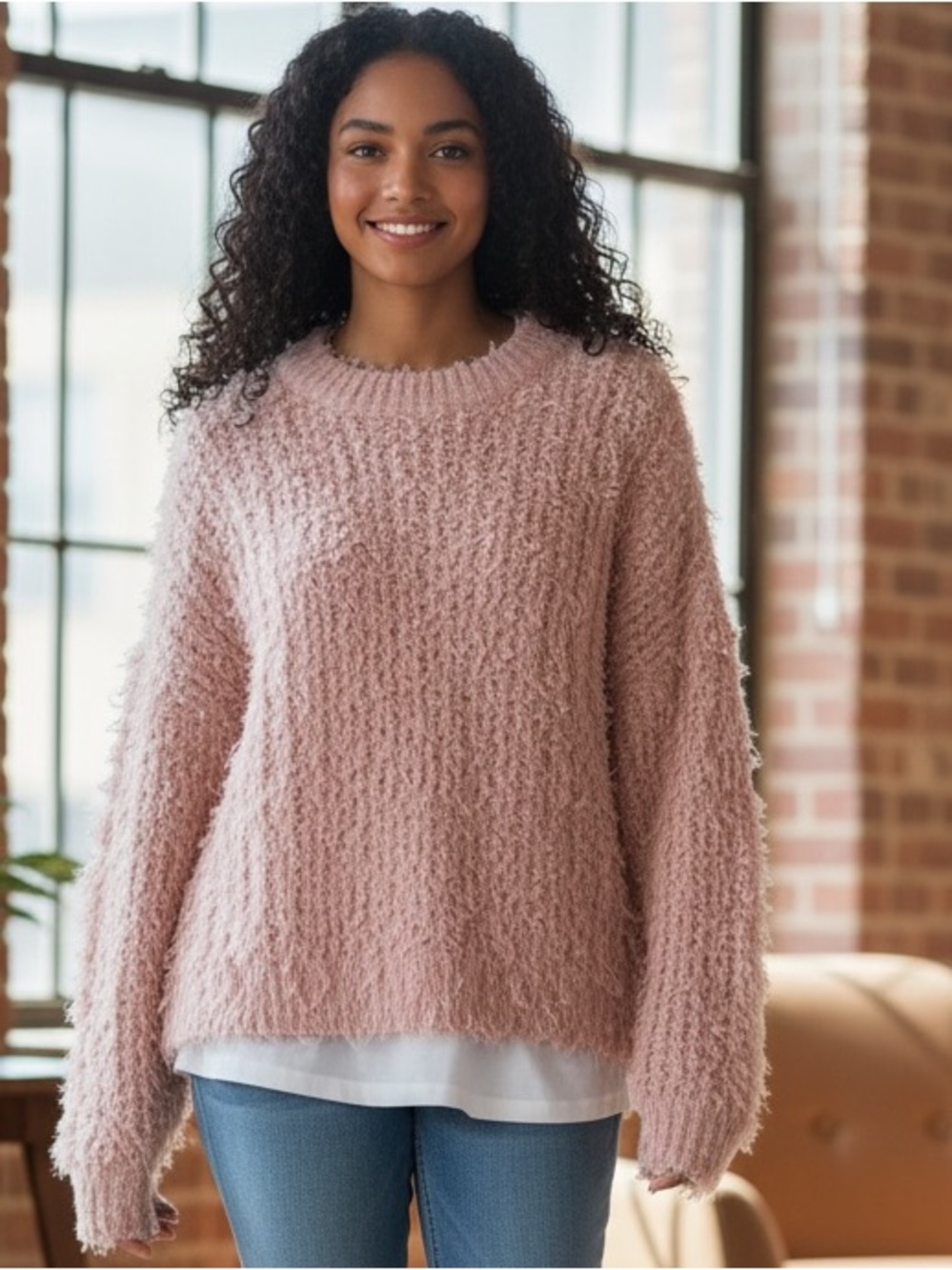 Women's Shaggy Crewneck Sweater in Blush made by Vince & Love